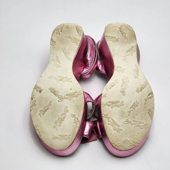 Roberto Cavalli Angels Metallic Pink Bow Wedge Sandals - Picture 7 of 12